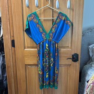 Elegant Blue and Green Paisley Midi Dress